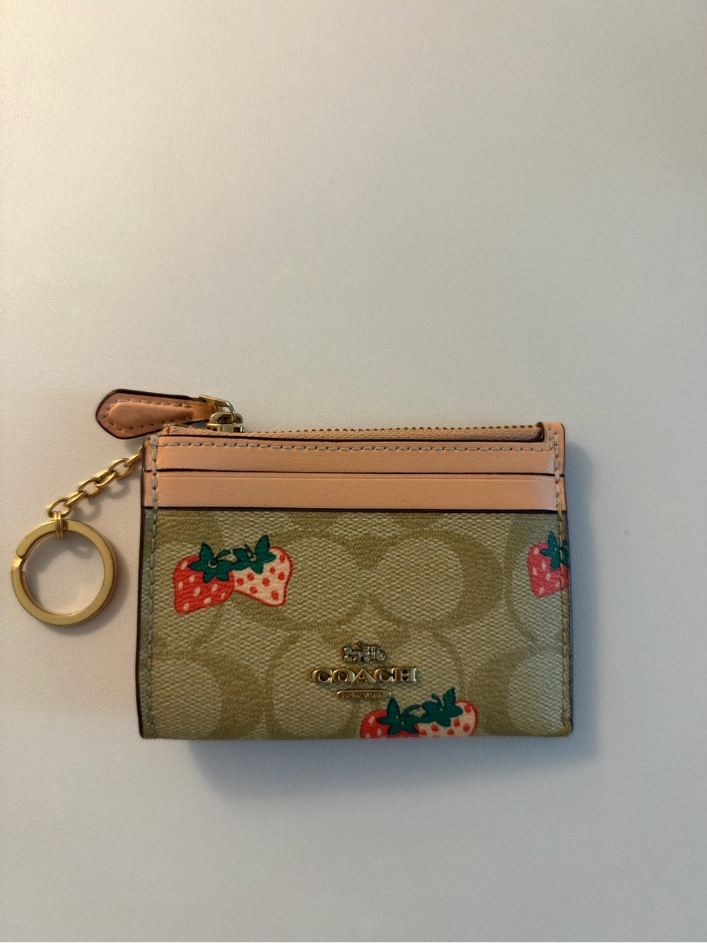 Coach Strawberry Print Card Case Key Ring in Pink and Khaki